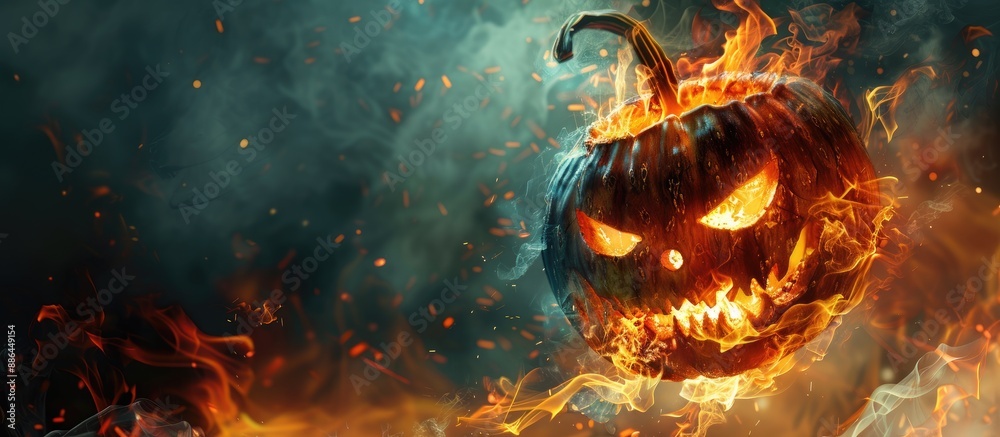 Poster look at the eerie smile of a burning pumpkin head for an unsettling image with copy space
