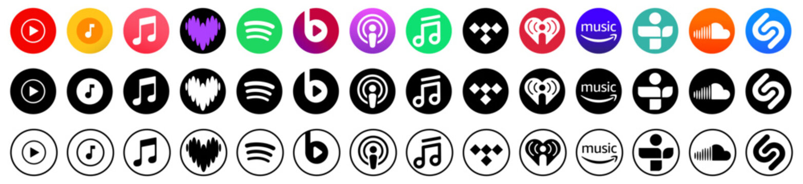 Apple music ,Deezer new logo, spotify,amazon music,apple podcast, youtube music, soundcloud, tidal, amazon music.Music streaming services logo set . Social media icon set. Vector

