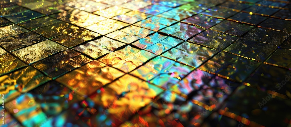 Poster shiny glass mosaic tile in metallic gold and black with a rainbow color effect on it perfect for a c