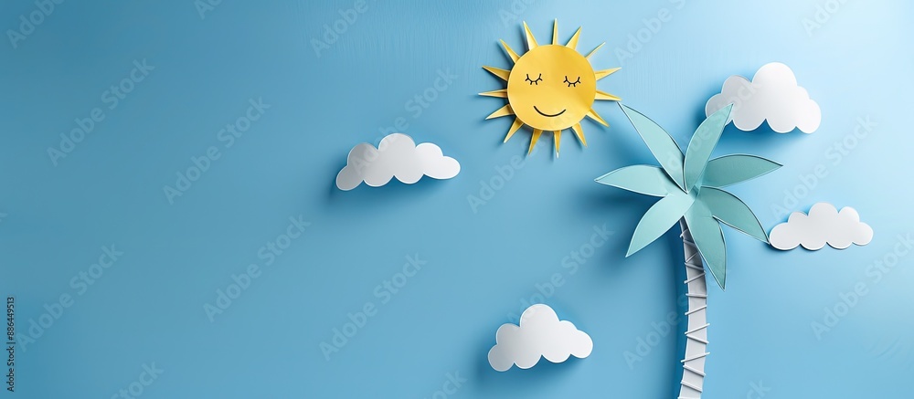 Poster A paper cutout of a palm tree a sun winking clouds on sticks against a blue sky all creating a charming copy space image