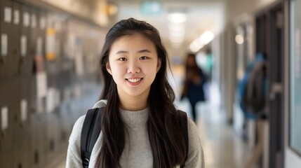 Young Chinese Female Student in University Hallway, Education Concept, Academic Life, Higher Learning, Diverse Ethnicity