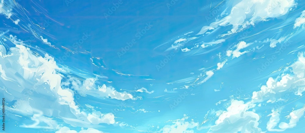 Poster a serene scene of clear blue skies with wispy white clouds peacefully drifting in the airy atmospher