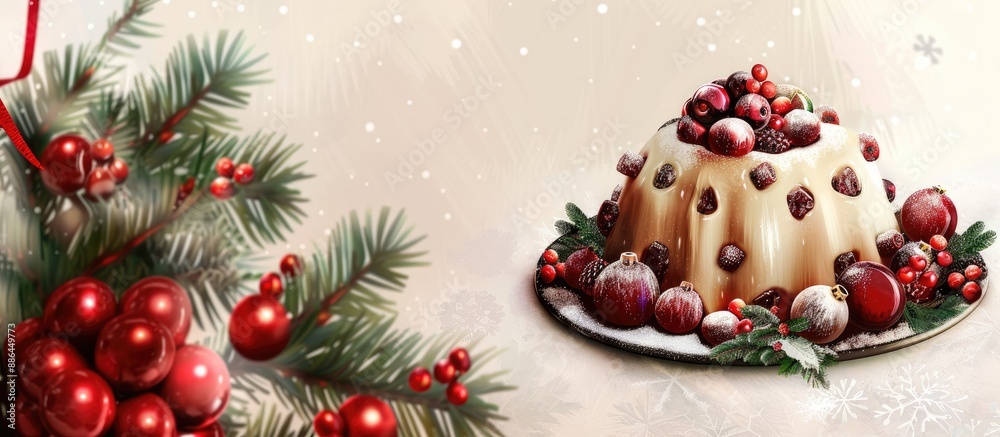 Poster a festive christmas themed fruitcake and pudding displayed beautifully on a plate with a blank area 