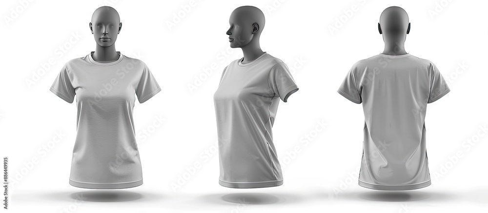 Poster Light gray female t shirt displayed on a white background with both front and back views on an invisible mannequin providing a copy space image