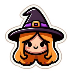 Cute cartoon witch with orange hair and a purple hat. Sticker with white border isolated on white background. Halloween character and horror concept