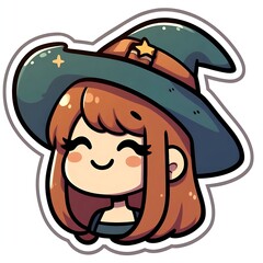 Cute cartoon witch with brown hair and green hat. Sticker with white border isolated on white background. Halloween character and horror concept