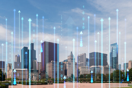 Holographic technology projection on Chicago cityscape, with digital arrows and binary code, on a clear daytime background. Future urban concept. Double exposure