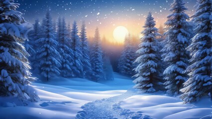 Naklejka premium winter landscape scene with trees covered in snow during sunrise