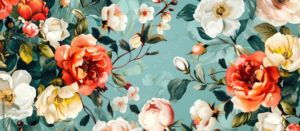 Aufkleber Floral patterns in a spring theme with copy space image on a blue backdrop