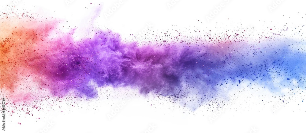 Poster Vibrant multicolored powder exploding in freeze frame creating an abstract backdrop with glittery textures on a white background suitable for a copy space image