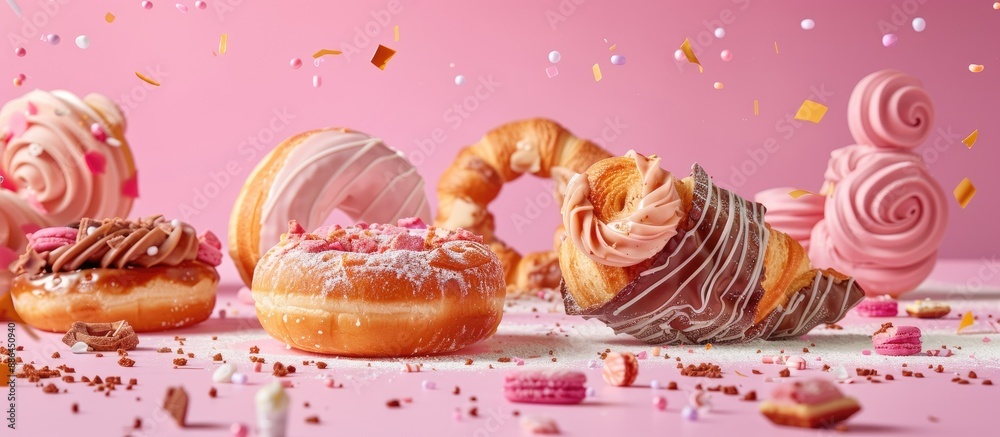 Poster a display of various pastries like a glazed donut pig in a blanket and a chocolate twist set on a pi