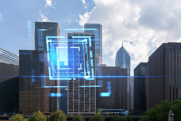 Chicago cityscape with a digital hologram overlayed, showcasing technology concept on an urban background. Double exposure