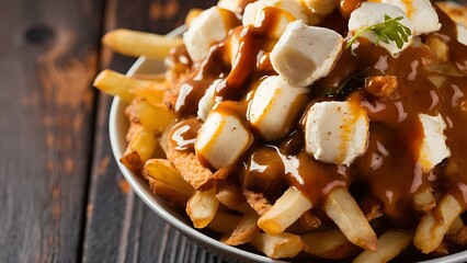 Delicious Poutine with cheese curds french fries on the table. so juicy and yummy