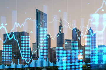 Double exposure of a cityscape with glowing blue graphs and statistics, representing technology and...