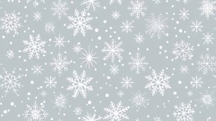 Seamless pattern of white snowflakes on a light gray background, perfect for winter and holiday-themed designs. Elegant and festive.