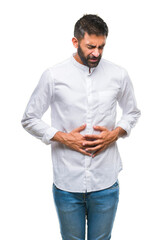 Adult hispanic man over isolated background with hand on stomach because indigestion, painful...