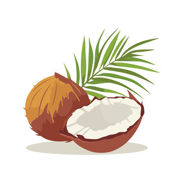 Cartoon brown exotic whole coconut, half and green leaf. Summer fruits for healthy lifestyle. Organic fruit. Vector illustration isolated on white.