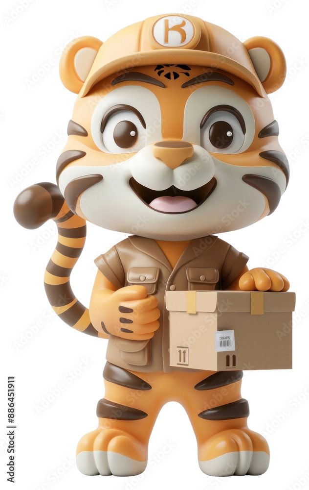 Poster PNG Tiger in delivery costume box cardboard cute.