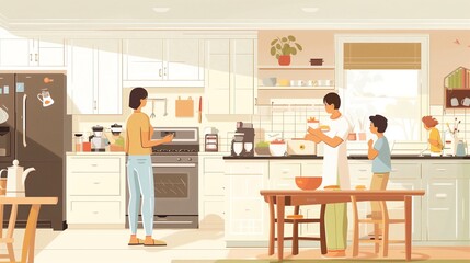 Fototapeta premium Morning Harmony: A Family's Bustling Routine