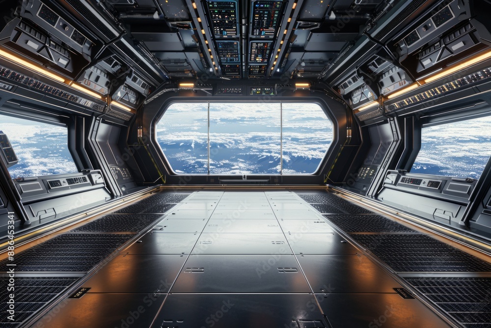 Wall mural an empty stage in a futuristic spaceship, with a sleek metallic floor, control panels with glowing b