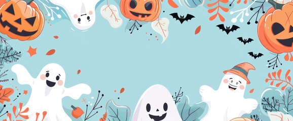 Vector illustration of a Halloween banner with cute cartoon characters, pumpkins and bats on a light blue background.