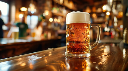 Mug of amber beer with a frothy head on a polished wooden bar top, capturing the inviting atmosphere of a traditional pub.