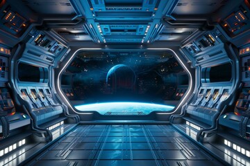 Fototapeta premium An empty stage in a futuristic spaceship, with a sleek metallic floor, control panels with glowing buttons, and a large window showing the vastness of space