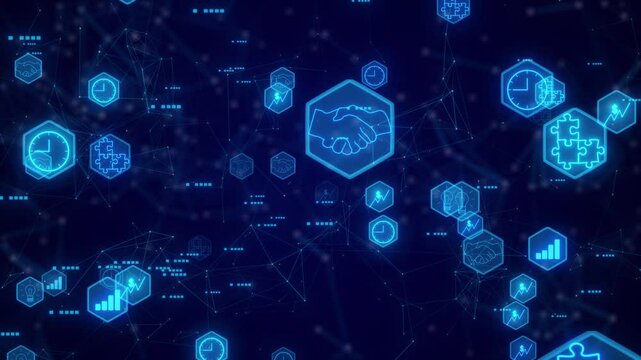 Business Icon Flying On Dark Bg. Business Growth Icon On Hexagon Shape. Business, Success, Time Management, Money, idea,Icon Flying, Business Digital Motion Animation Background. 