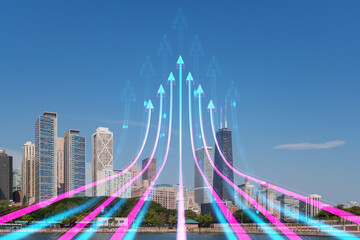 Chicago skyline with futuristic holographic arrows overlay, representing a concept of growth, progress or security in the urban environment. Double exposure