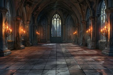 An empty gothic castle, with stone floors, towering arches, flickering torches on the walls, and moonlight streaming through stained glass windows.