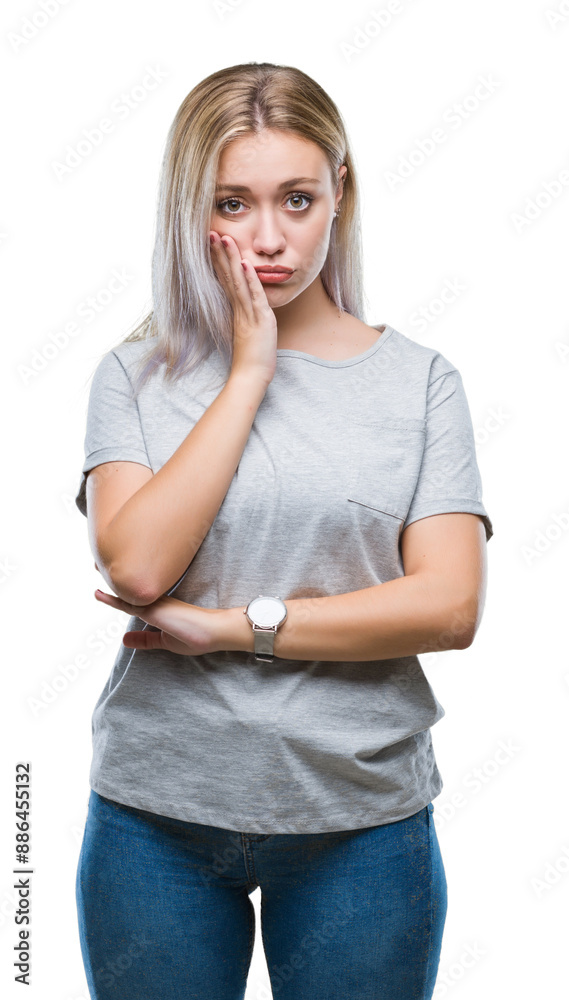 Sticker young blonde woman over isolated background thinking looking tired and bored with depression problem