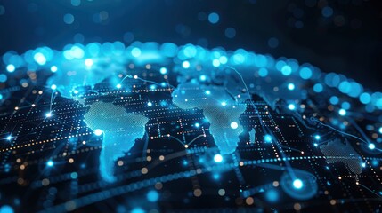 Fototapeta premium Digital World Map with Blue Glowing Lines and Dots