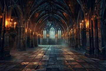 Obraz premium An empty gothic castle, with stone floors, towering arches, flickering torches on the walls, and moonlight streaming through stained glass windows.