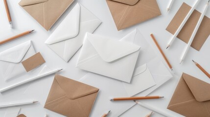 Envelopes and Pencils on a White Surface
