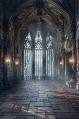 An empty gothic castle, with stone floors, towering arches, flickering torches on the walls, and moonlight streaming through stained glass windows.