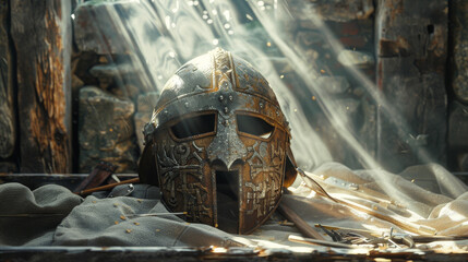 A helmet is on a table with other items