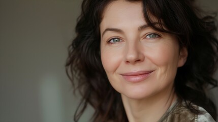 Naklejka premium Middle Aged Woman Smiling Wearing Natural Makeup, Perfect for Wellness and Beautyrelated Projects