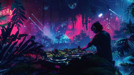 A DJ mixes music at a nighttime event in a lush, tropical jungle setting. Neon lights illuminate the scene, adding a vibrant and futuristic feel.