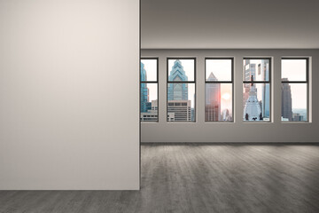 Downtown Philadelphia City Skyline Buildings from High Rise Window. Beautiful Expensive Real Estate overlooking. Empty room Interior. Mockup wall. Skyscrapers Cityscape. Sunset. Penn. 3d rendering.