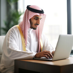 High-Quality Image of Saudi Man Using Laptop in Office