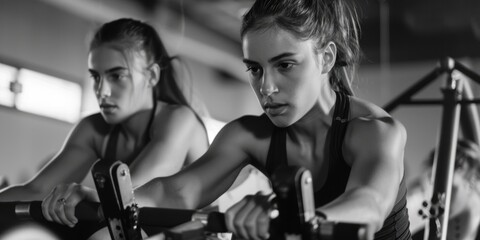 Two women exercising on stationary bicycles in a fitness center, compact and straightforward description