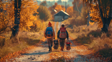 Back to School in Autumn: Children from Behind
