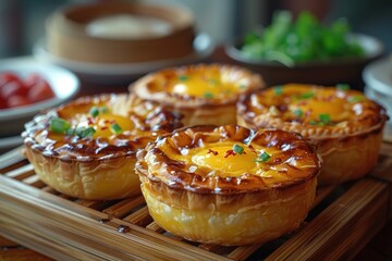 China: Egg Tart Small, golden tarts with a flaky crust and a smooth, yellow custard center, served in a bamboo steamer basket