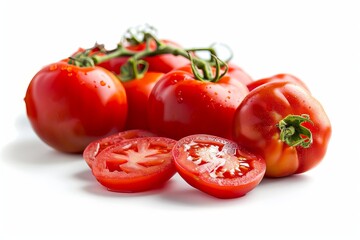 Fresh red ripe tomatoes with green stems on white background