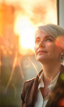 A beautiful and successful matue businesswoman with short blond-white hair and green eyes, standing in her business cabin, deep in though
