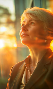 A beautiful and successful matue businesswoman with short blond-white hair and green eyes, standing in her business cabin, deep in though