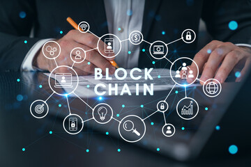 Man typing on laptop at office workplace in background. Concept of working process, internet surfing, online business education. Student send e-mail. Close up view. Blockchain icons