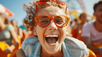A cheerful girl, adorned in bright orange glasses, screams with excitement and exhilaration as she enjoys a thrilling ride on a roller coaster at an amusement park.