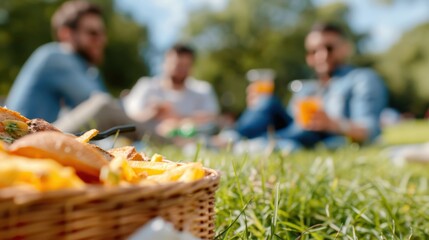 A group of friends enjoys a picnic on a sunny day, with various foods and drinks laid out on the grass, symbolizing relaxation, camaraderie, and the simple joys of outdoor dining.