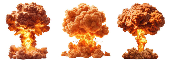 Powerful nuclear explosion with a mushroom cloud rising up, cut out.
